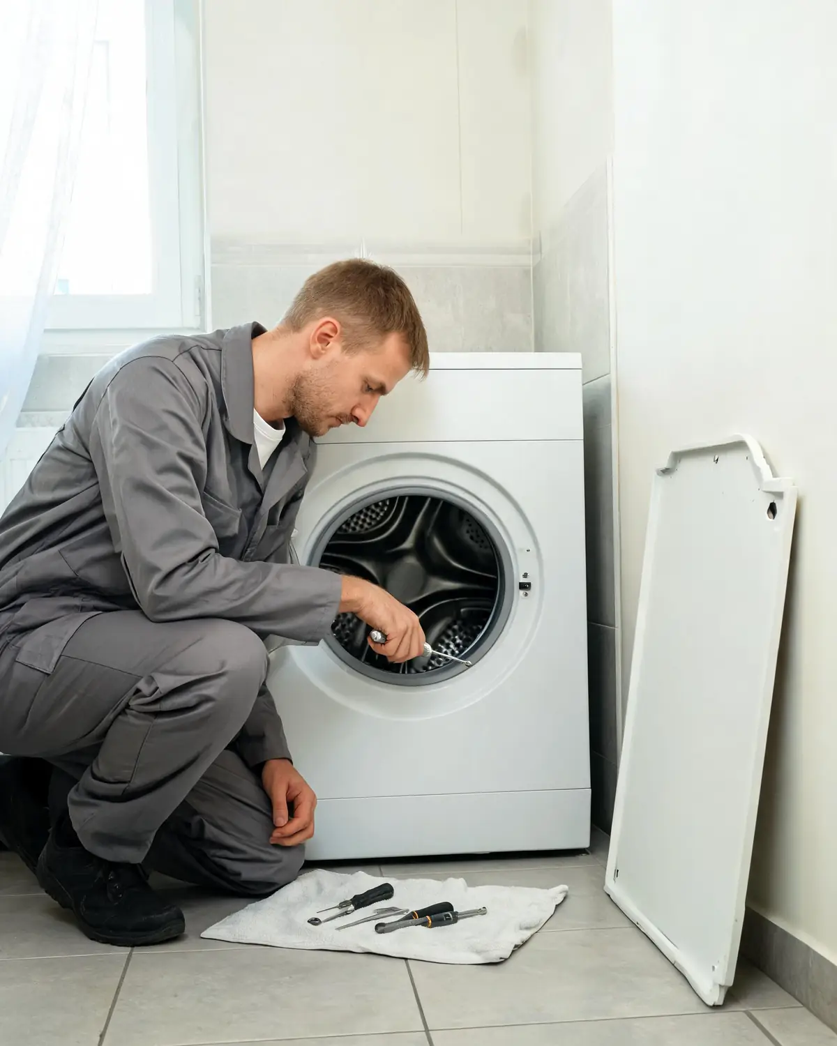 Мастер ремонтирует стиральную машину Indesit